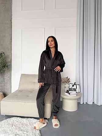 Женский стильный домашний велюровый комплект тройка Графит Одесса
