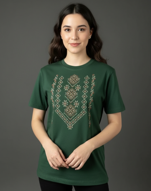 Жіноча футболка вишиванка жіноча з геометричним орнаментом у кольорі хакі L Київ - фото 1