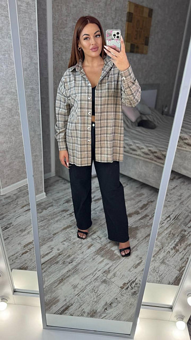 Женская оверсайз рубашка в клетку турецкая фланель Беж, 50/56 Одесса - изображение 5