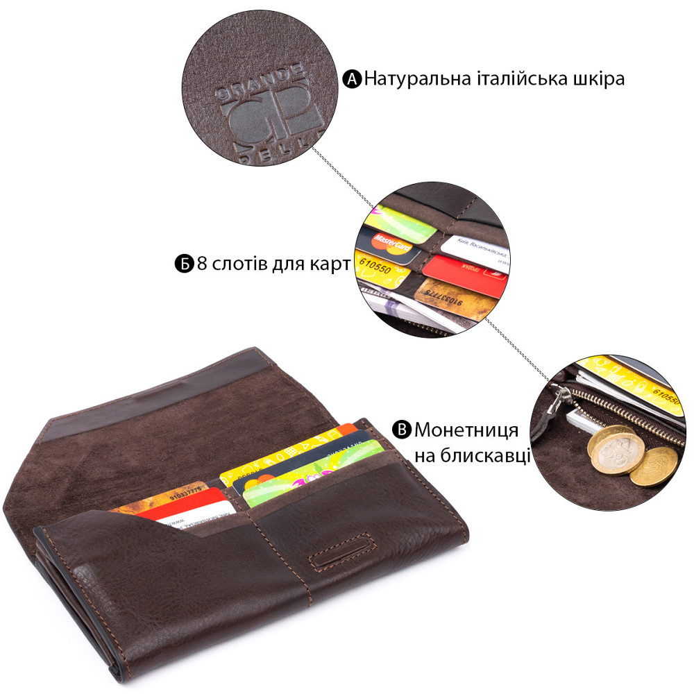 Горизонтальный клатч глянцевый на магните GRANDE PELLE 11317 Шоколадный Киев - изображение 8