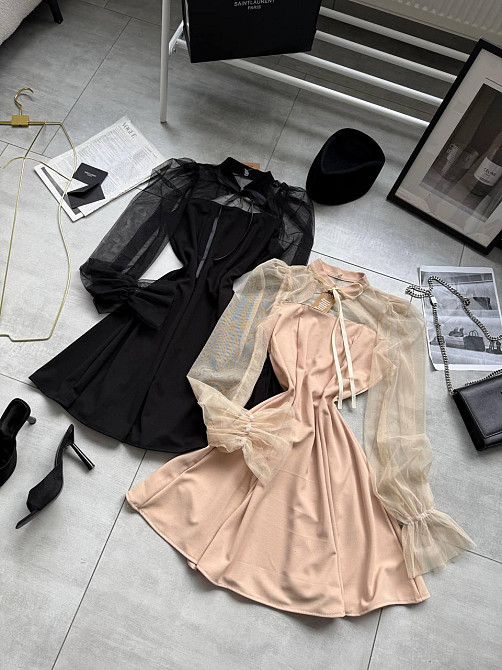 Женское нежное платье с рукавами из сеточки креп дайвинг Бежевый, 46/48 Одесса - изображение 5