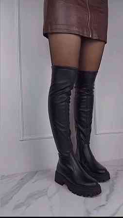 Ботфорти зимові жіночі шкіряні чорні на низькому ходу високі, наповнювач євро-хутро шкіряні Ste Коломия