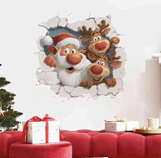 Новорічна наклейка Санта Клаус та Олені 40 на 40 см різнобарвний Київ
