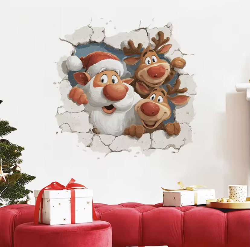 Новорічна наклейка Санта Клаус та Олені 40 на 40 см різнобарвний Київ - фото 1