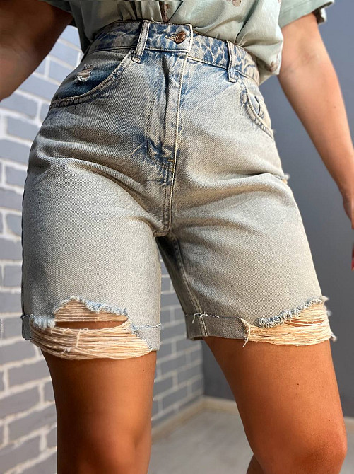 Шорти джинсові жіночі Women Denim 355-973 середня довжина рвані знизу світло блакитні, світло- блакитний, 36 Київ - фото 12