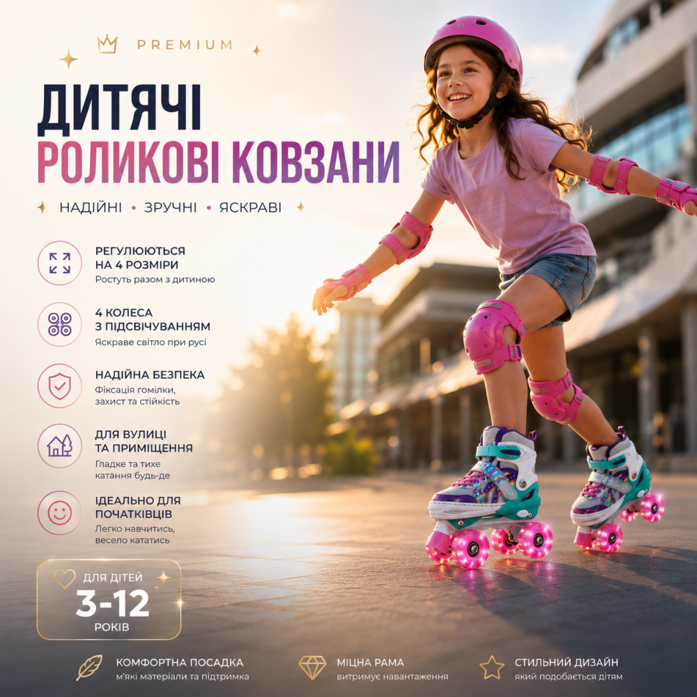 Дитячі розсувні роликові ковзани квадри з колесами, що світяться, ролики для дівчаток та хлопчиків 31-42 Київ - фото 6