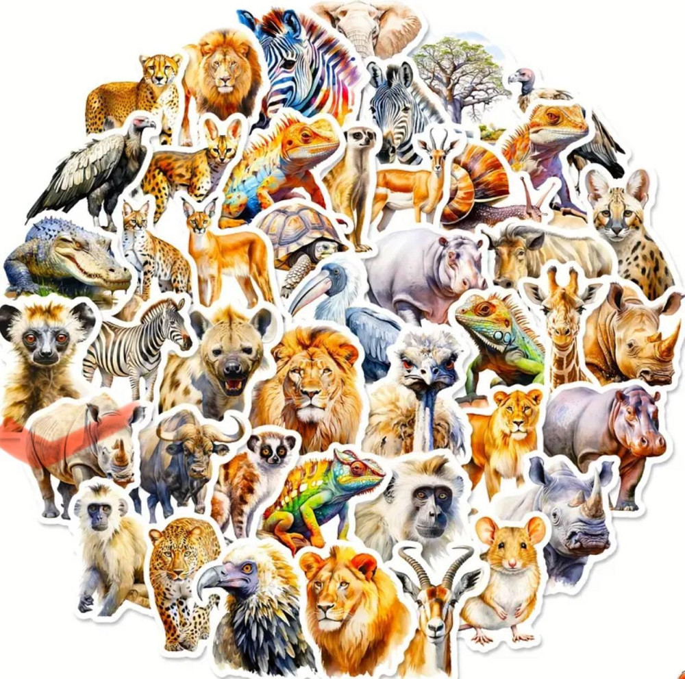 Наклейки с реалистичными животными в Африке. Водонепроницаемые стикеры, стикерпак 50 шт. Киев - изображение 1