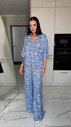 Женский легкий принтованный прогулочный костюм двойка: платок, рубашка и брюки из натурального штапеля Одесса