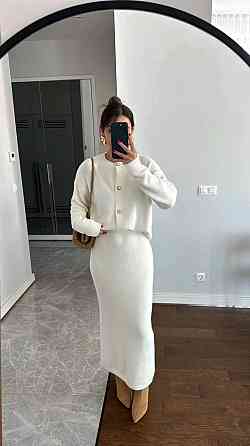 Женский теплый элегантный костюм двойка: кофта + юбка миди плотная двойная ангора Молочный, 46/48 Одесса