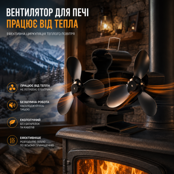 Каминный вентилятор для печи VonHaus экологический термоэлектрический двойной на 6 лопастей для дровяных каминов Черный Киев