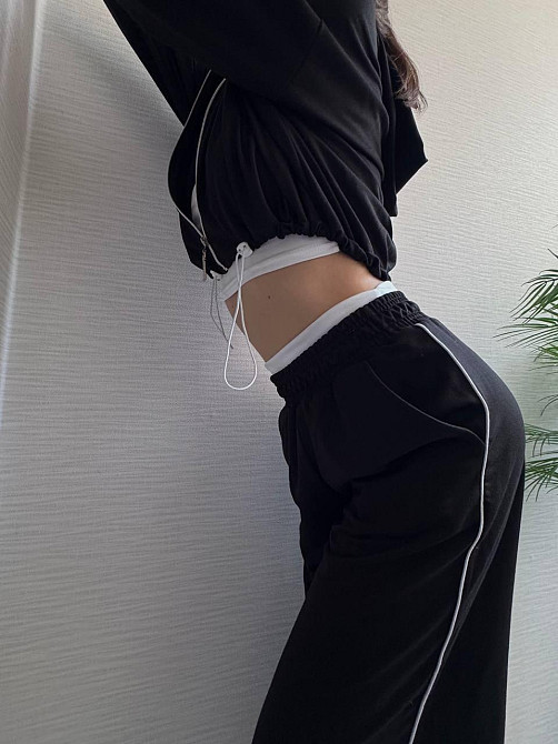 Женский прогулочный костюм тройка: кофта топ и штаны  двунить + микродайвинг Черный, 46/48 Одесса - изображение 2