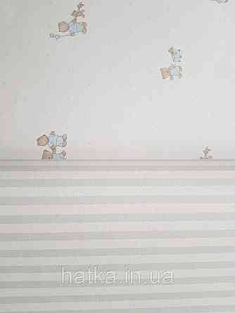 Шпалери флізелінові дитячі еко Lutece Tartine et Chocolat блакитні смуги білі з перламутром Київ