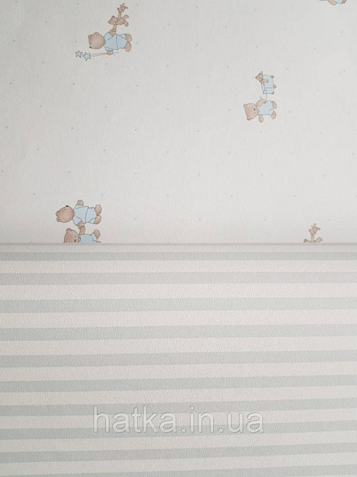 Шпалери флізелінові дитячі еко Lutece Tartine et Chocolat блакитні смуги білі з перламутром Київ - фото 2