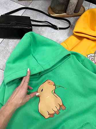 Женское уютное теплое худи оверсайз с милым принтом трехнитка Тедди + трехнитка с начесом пенье Зеленый Одесса