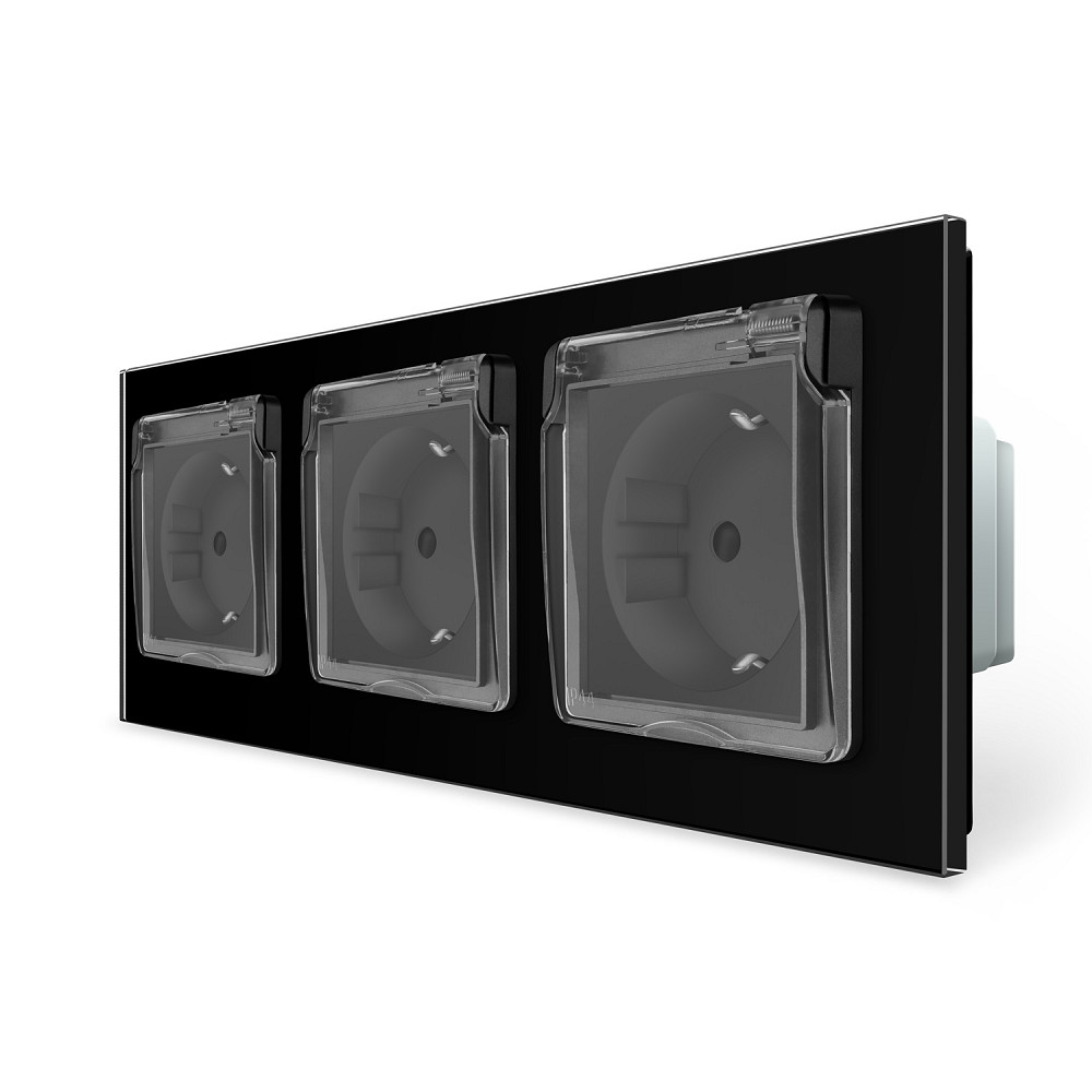 Потрійна електрична розетка вологозахисна з кришкою IP44 з заземленням, LIVOLO, чорна, скляна рамка, шторки, 250В 16А (VL-C7C3EUWF-12) Коломыя - изображение 6