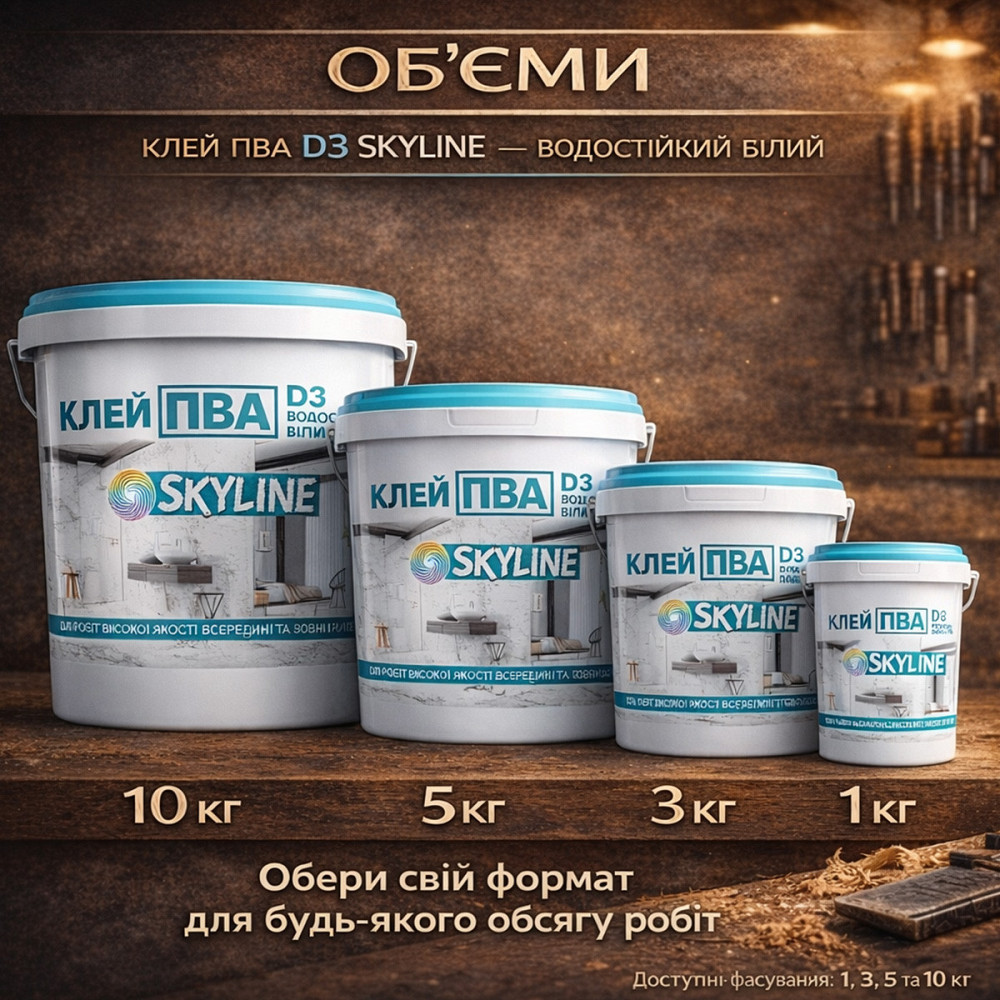 Клей ПВА D3 SkyLine 10 кг столярний підвищеної водостійкості промисловий для виробництва меблів, термостійкий до +100°С Харків - фото 10