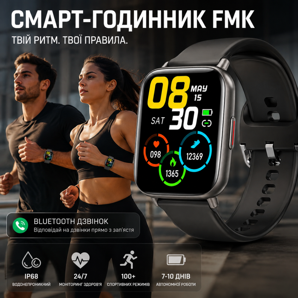 Смарт-часы FMK Black водонепроницаемые умные спортивные часы мужские и женские с Bluetooth звонком, фитнес трекер IP68 Киев - изображение 1