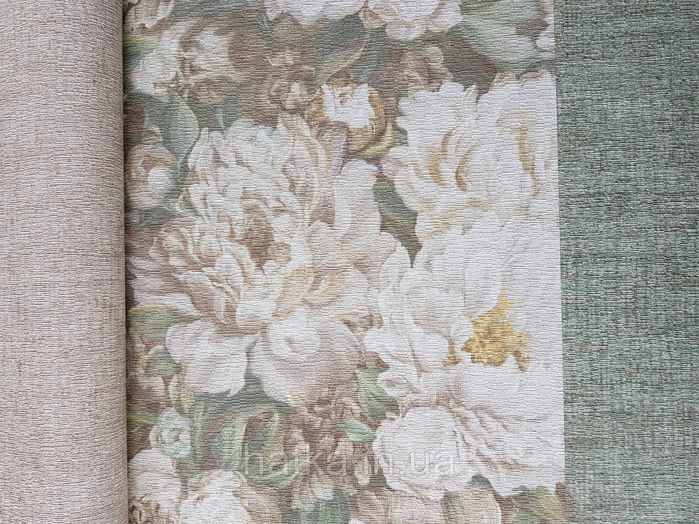 Обои виниловые на флизелине Rasch Riva  1.06х10 цветы пионы коричневые бежевые белые зеленые 972412 Киев - изображение 2