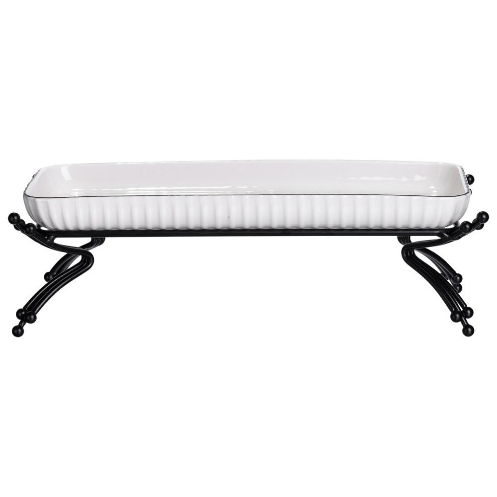 Фарфорове блюдо на металевій підставці, біле з чорним Київ - фото 1