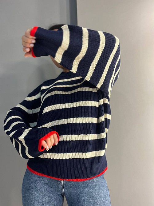 Свитер женский MIX RAY 6635 полоска оверсайз удлиненный свободный крой, темно-синий, one size Киев - изображение 4