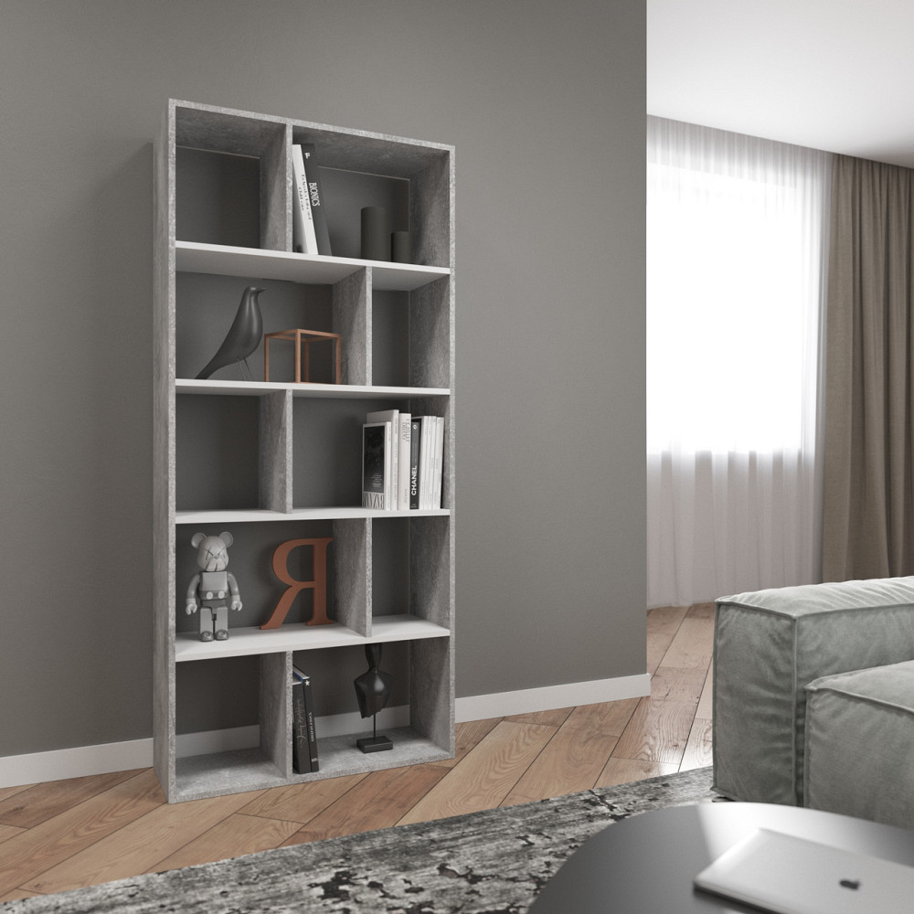 Стеллаж VAYS D-1 Бетон-Белый, книжная полка на 10 ячеек, ЛДСП, 80×30×178 см – для дома, гостиной, офиса Львов - изображение 1