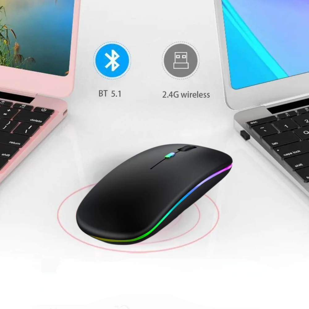 Миша бездротова комп'ютерна, безшумна, оптична з RGB-підсвічуванням 2.4G+Bluetooth DPI 800/1000/1200 чорна Кам'янець-Подільський - фото 8