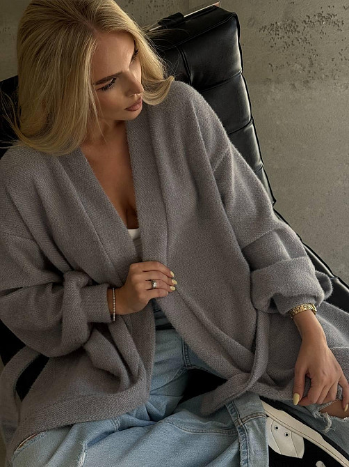 Жіночий затишний оверсайз кардиган із поясом альпака Сірий Одеса - фото 8