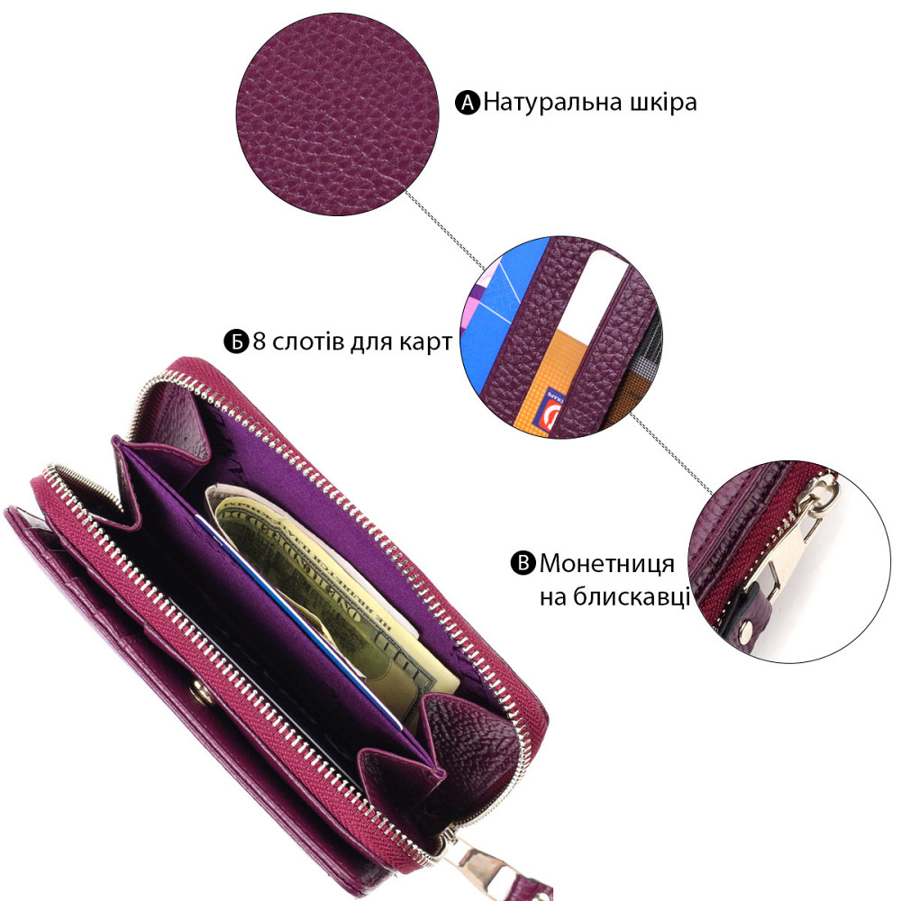 Яскраве жіноче портмоне середнього розміру з натуральної зернистої шкіри CANPELLINI 21909 Бузкове Київ - фото 7