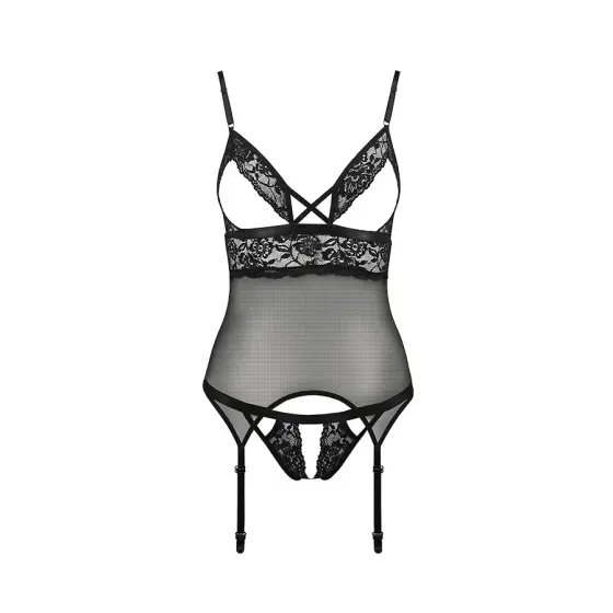 Корсет з відкритими грудьми Passion DIABOLINA CORSET S/M, black, пажі, трусики, напівпрозорий Львів