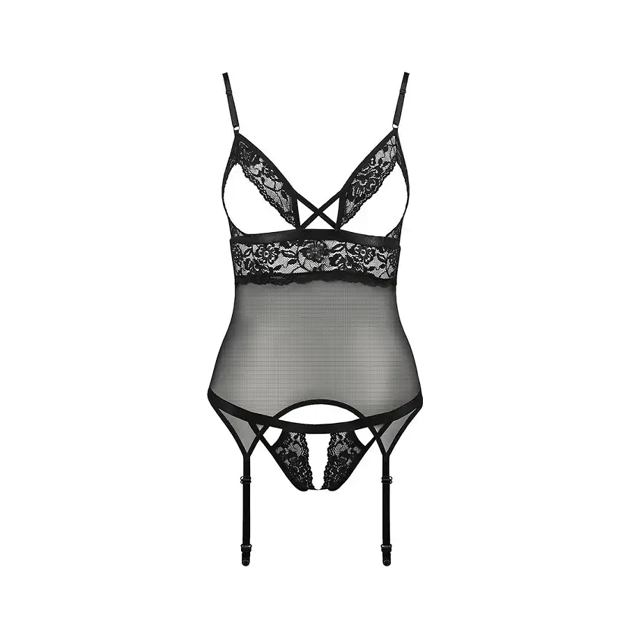 Корсет з відкритими грудьми Passion DIABOLINA CORSET S/M, black, пажі, трусики, напівпрозорий Львів - фото 3