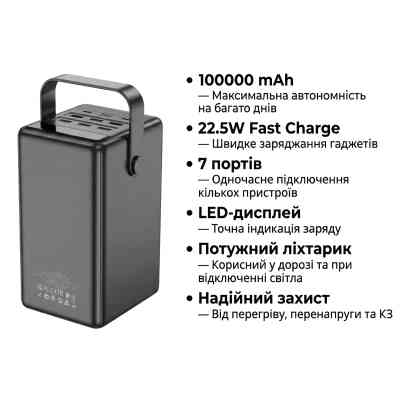 Батарея универсальная HOCO 100000mAh Endure 22.5W PD, QC, LED Lamp, Black (DB03 / 714721) Винница