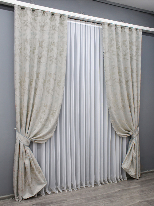 Комплект готовых штор VR-Textil Жаккард Мрамор Al3 № 1599ш Молочный с бежевым 145х270 см 2 шт (33-0558) Киев - изображение 3