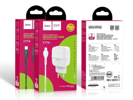 Мережевий зарядний пристрій Hoco C77A Highway 220V (10.5W, 5V/2.4A) на 2 USB-порти з кабелем USB - Lightning для iPhone / iPad Одеса