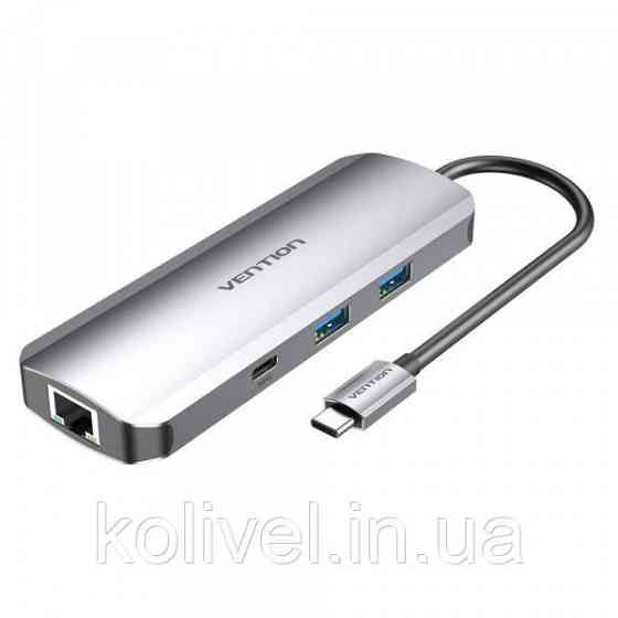 Док-станція USB3.1 Type-C --> HDMI/USB 3.0x2/RJ45/USB-C/SD/TF/TRRS 3.5mm/PD 100W Hub 9-in-1 Vention (TOMHB) Київ