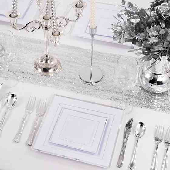 Набор тарелок пластиковых 12 шт,десертные 16.5 см и обеденные 24 см,квадратные с серебристым контуром Каменец-Подольский