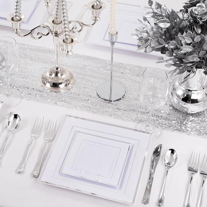 Набор тарелок пластиковых 12 шт,десертные 16.5 см и обеденные 24 см,квадратные с серебристым контуром Каменец-Подольский - изображение 6