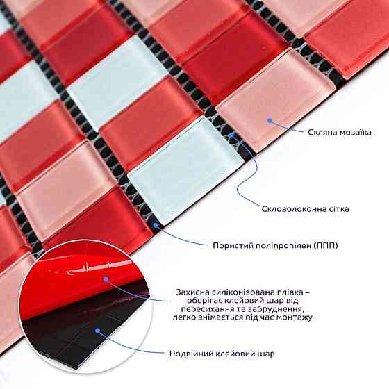 Декоративная стеклянная мозаика красная Киев