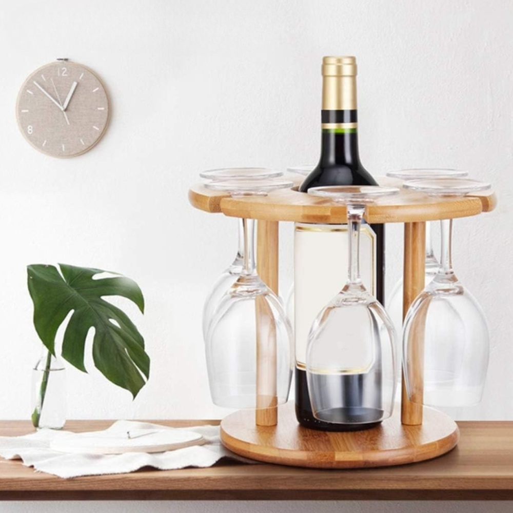 Тримач для пляшки вина та келихів 6 штук бамбукова стійка підставка настільна для винних келихів, 32х24,5 см Кам'янець-Подільський - фото 9