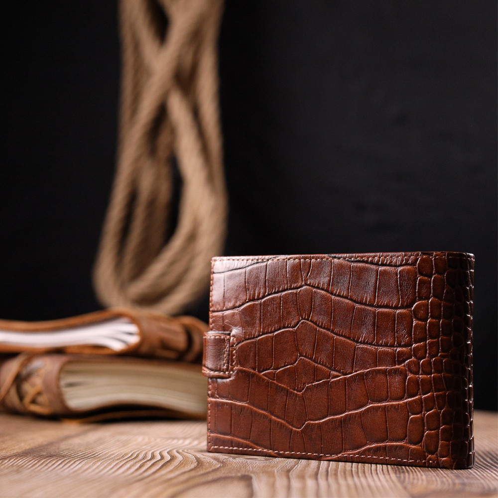 Интересный мужской кошелек из натуральной кожи с тиснением под крокодила KARYA 21202 Коричневый Киев - изображение 10