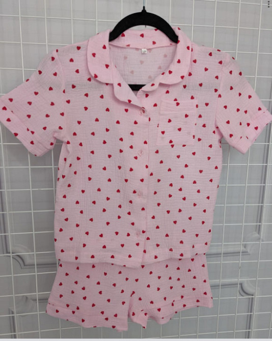 Детская муслиновая пижама в сердечко Розовый 122-128 Харьков - изображение 1