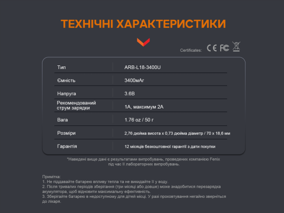 Аккумулятор 18650 Fenix 3400mAh 3.6V с micro-USB зарядкой (Черно-желтый) Киев