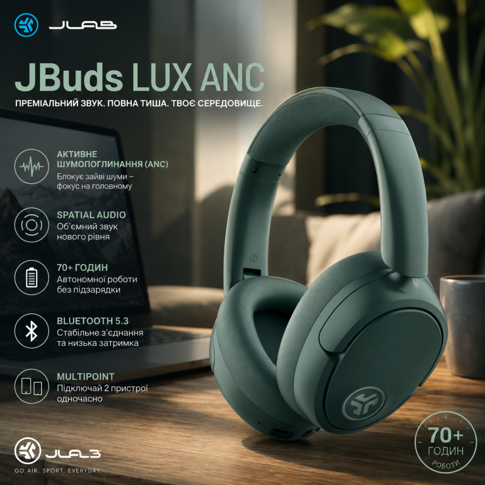 Навушники JLab JBuds LUX ANC Bluetooth 5.3 з активним шумопоглинанням, 70+ год автономності, Spatial Audio, Multipoint, Sage Київ - фото 9