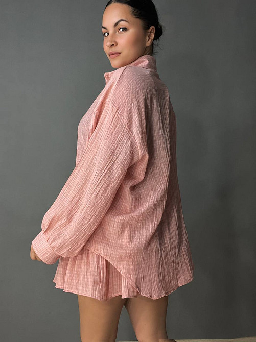 Костюм жіночий Xingyue 318-3 мусліновий у клітинку сорочка оверсайз і спідниця-шорти, рожевий, one size Київ - фото 6