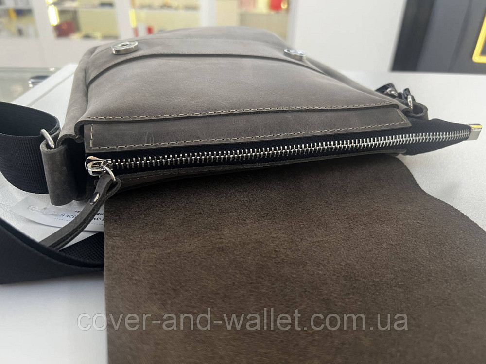 Стильная мужская сумка через плечо из винтажной кожи серого цвета PS Leather Киев - изображение 4