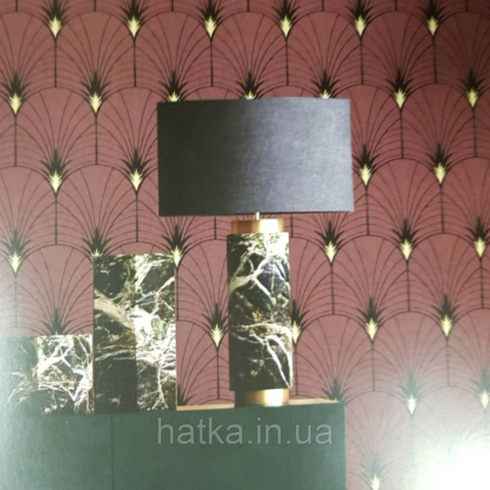 Ообои флізелінові еко Decoprint Essentials EE22540 пір'я павича напівкола смуги чорні золото на бордовому Київ - фото 2