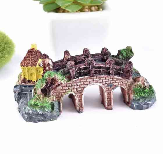 Декор для аквариума Мост Виадук с домиком аквариумный пейзаж - размер 9,5 на 4,5 см смола Киев