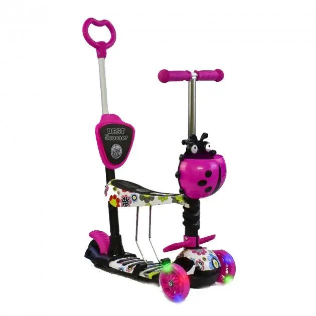Самокат біговів триколісний Best Scooter з сидінням батьківською ручкою підсвічуванням коліс Рожевий абстракція (74230) Чернігів - фото 1