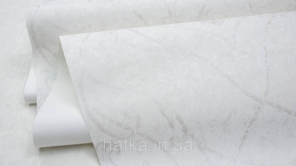 Шпалери метрові вінілові на флізеліні Sintra Classic класика вензеля завитки структурні сріблясті на білому 423202 Київ - фото 3