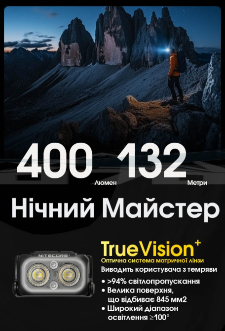 Налобний ліхтар Nitecore NU25 MCT UHE LED 400 люмен USB-C (9 режимів) Вінниця - фото 9