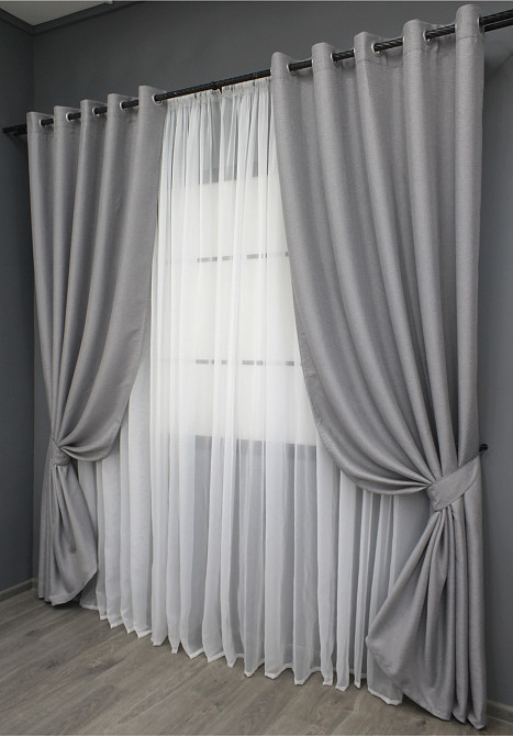 Комплект штор на люверсах VR-Textil Льон-блекаут 1397ш Сірий 150х250см 2 шт (37-0136) Київ - фото 3